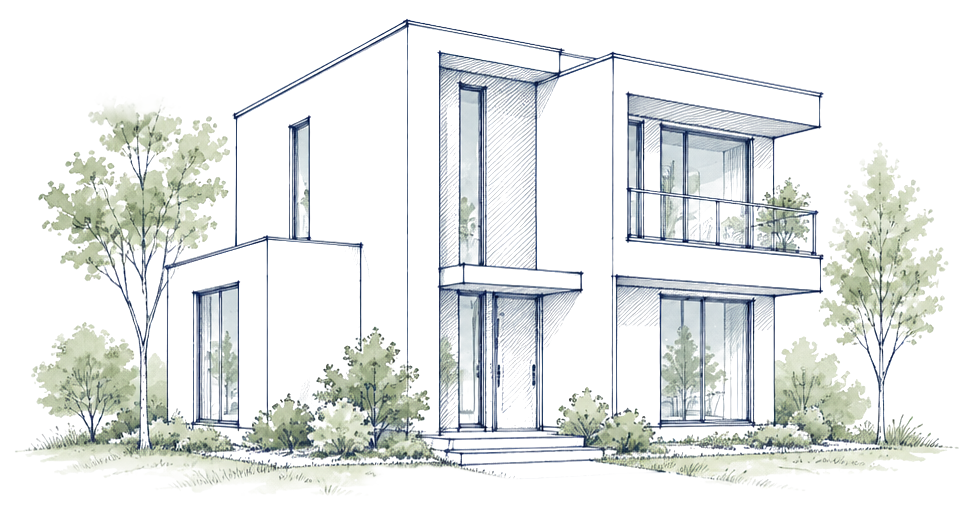 Hand-drawn sketch of a modern family home surrounded by trees